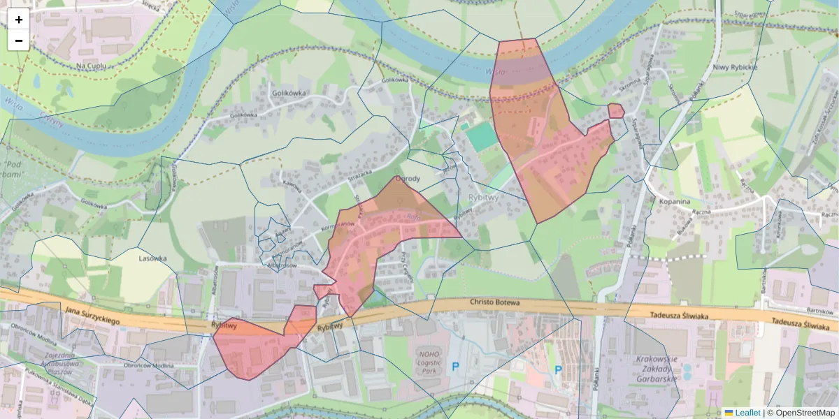 Szczegółowa mapa kodu pocztowego 30-722 z granicami, sąsiednimi kodami pocztowymi i urzędami pocztowymi
