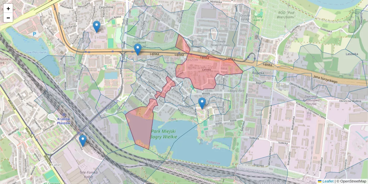Szczegółowa mapa kodu pocztowego 30-725 z granicami, sąsiednimi kodami pocztowymi i urzędami pocztowymi