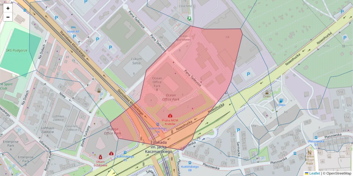 Szczegółowa mapa kodu pocztowego 30-727 z granicami, sąsiednimi kodami pocztowymi i urzędami pocztowymi