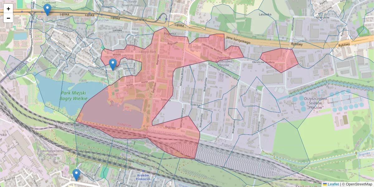 Szczegółowa mapa kodu pocztowego 30-733 z granicami, sąsiednimi kodami pocztowymi i urzędami pocztowymi