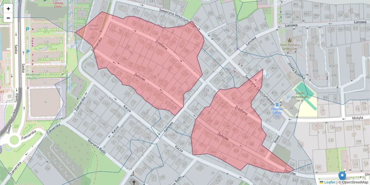 Szczegółowa mapa kodu pocztowego 30-734 z granicami, sąsiednimi kodami pocztowymi i urzędami pocztowymi