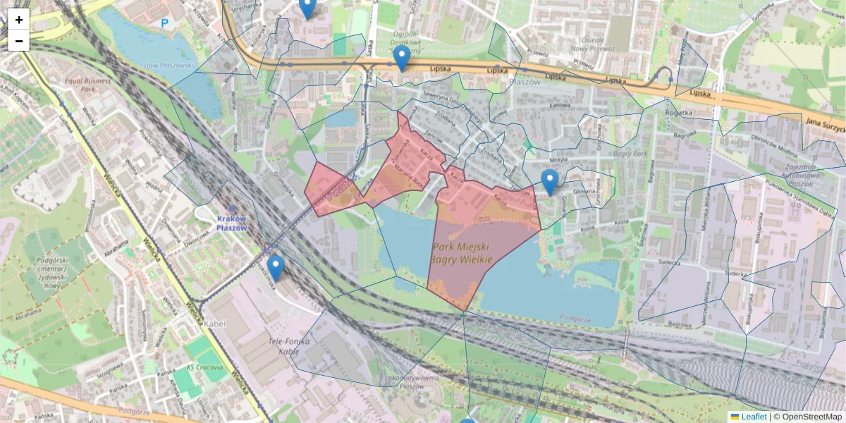 Szczegółowa mapa kodu pocztowego 30-735 z granicami, sąsiednimi kodami pocztowymi i urzędami pocztowymi