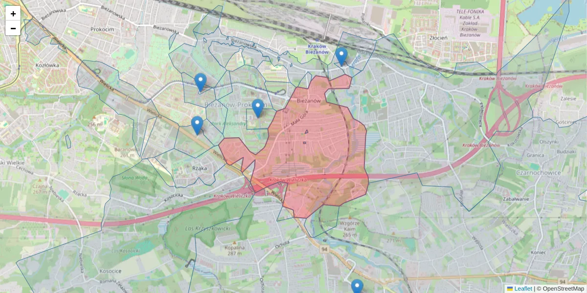 Szczegółowa mapa kodu pocztowego 30-864 z granicami, sąsiednimi kodami pocztowymi i urzędami pocztowymi