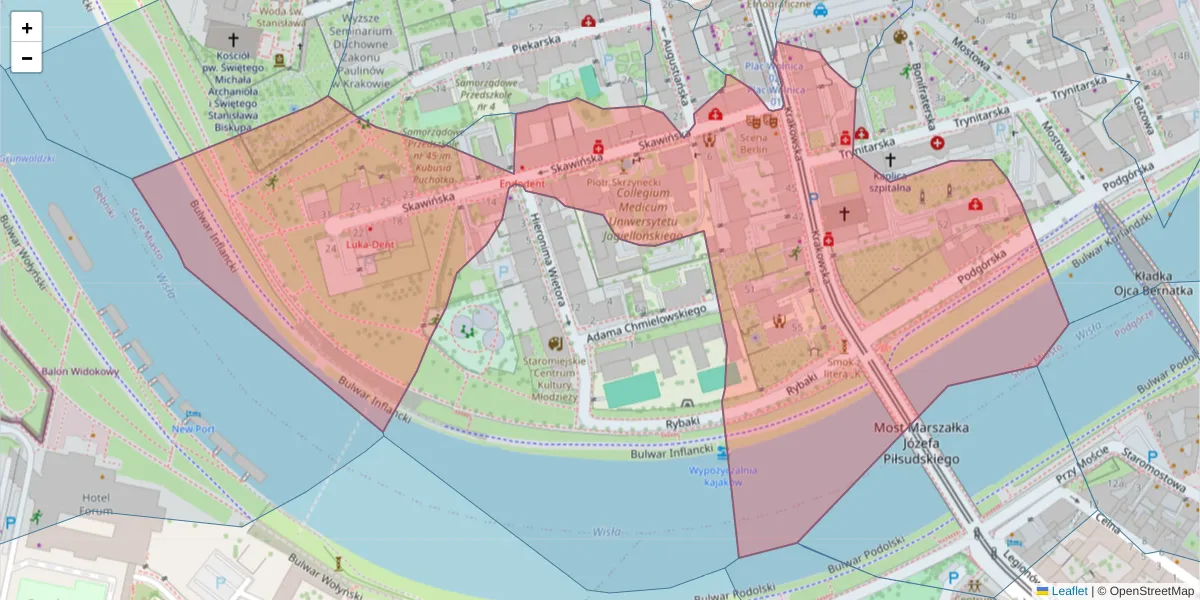 Szczegółowa mapa kodu pocztowego 31-066 z granicami, sąsiednimi kodami pocztowymi i urzędami pocztowymi
