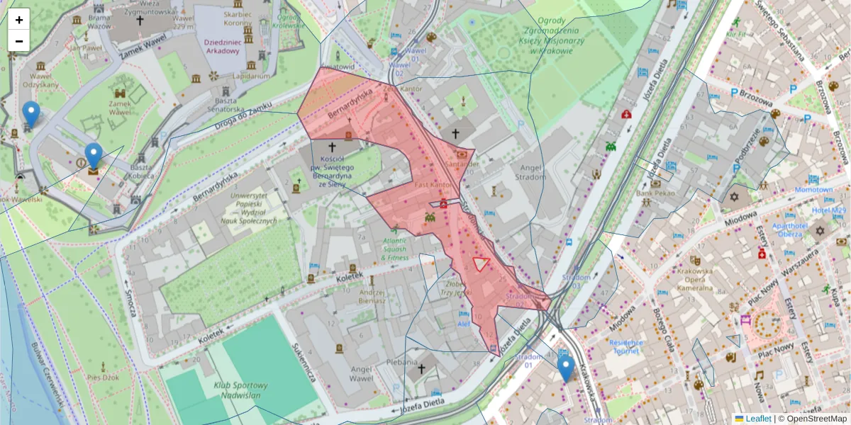 Szczegółowa mapa kodu pocztowego 31-068 z granicami, sąsiednimi kodami pocztowymi i urzędami pocztowymi