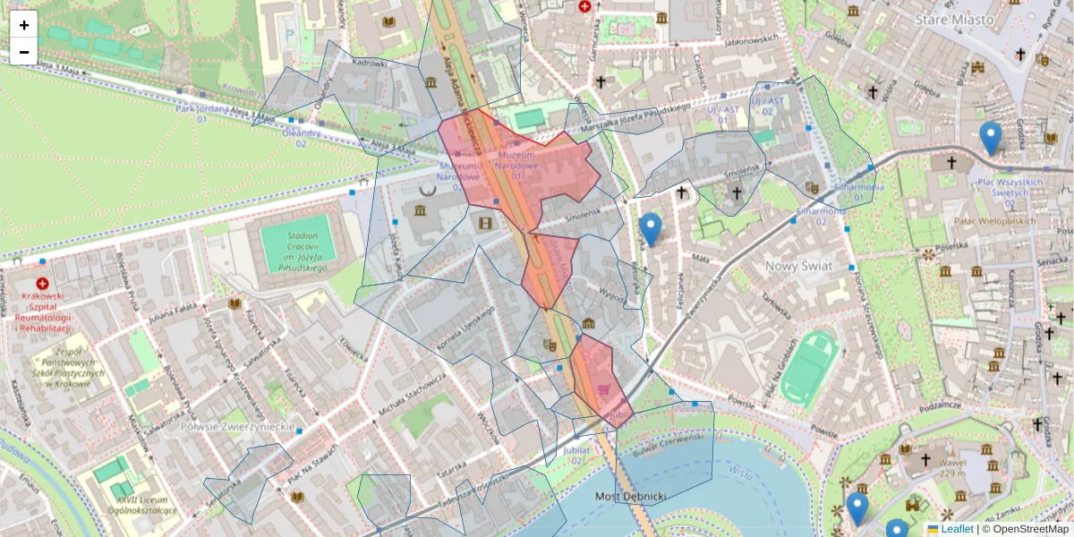 Szczegółowa mapa kodu pocztowego 31-111 z granicami, sąsiednimi kodami pocztowymi i urzędami pocztowymi