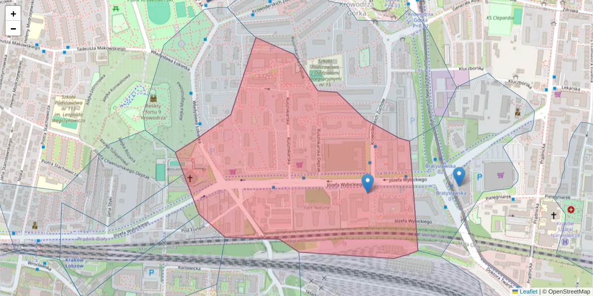 Szczegółowa mapa kodu pocztowego 31-261 z granicami, sąsiednimi kodami pocztowymi i urzędami pocztowymi