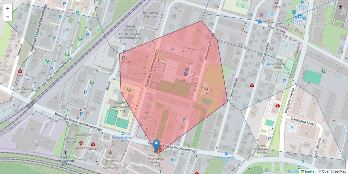 Szczegółowa mapa kodu pocztowego 31-316 z granicami, sąsiednimi kodami pocztowymi i urzędami pocztowymi