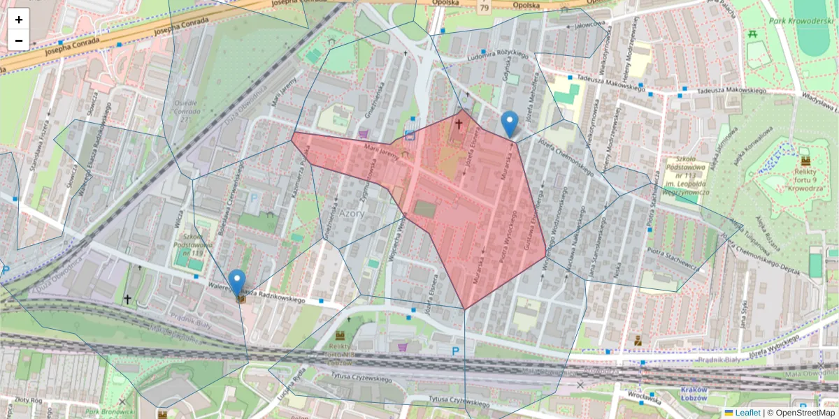 Szczegółowa mapa kodu pocztowego 31-318 z granicami, sąsiednimi kodami pocztowymi i urzędami pocztowymi