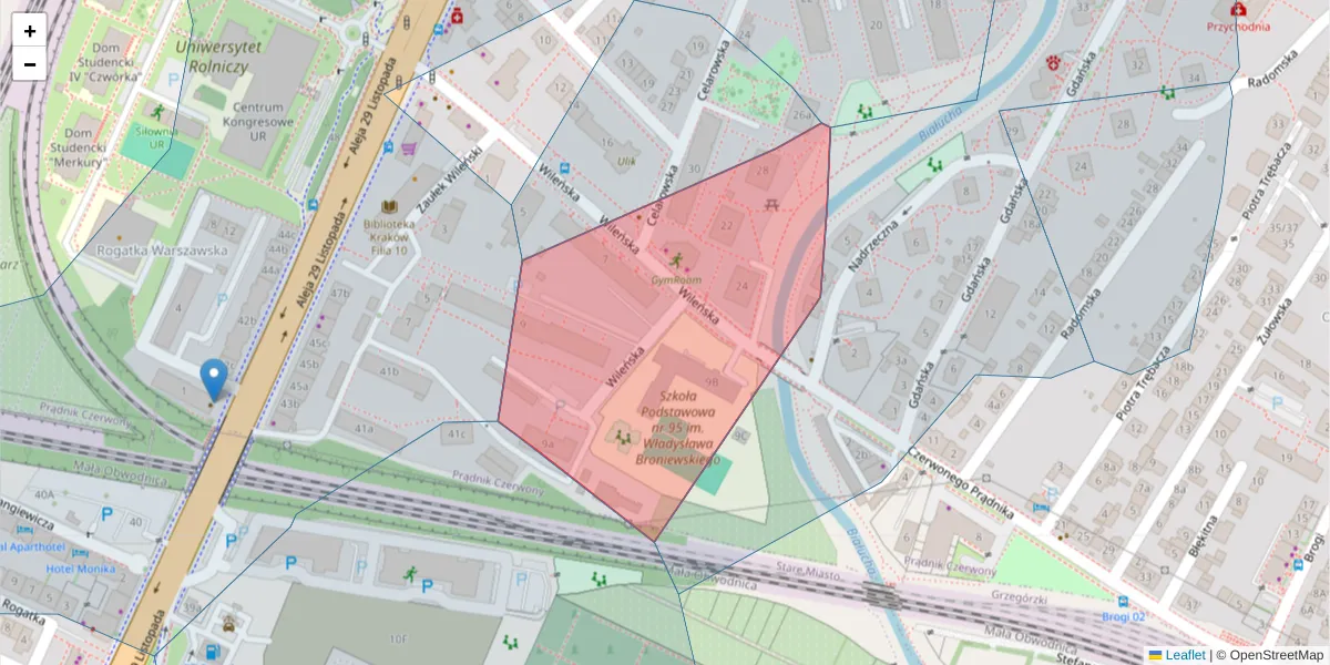 Szczegółowa mapa kodu pocztowego 31-414 z granicami, sąsiednimi kodami pocztowymi i urzędami pocztowymi