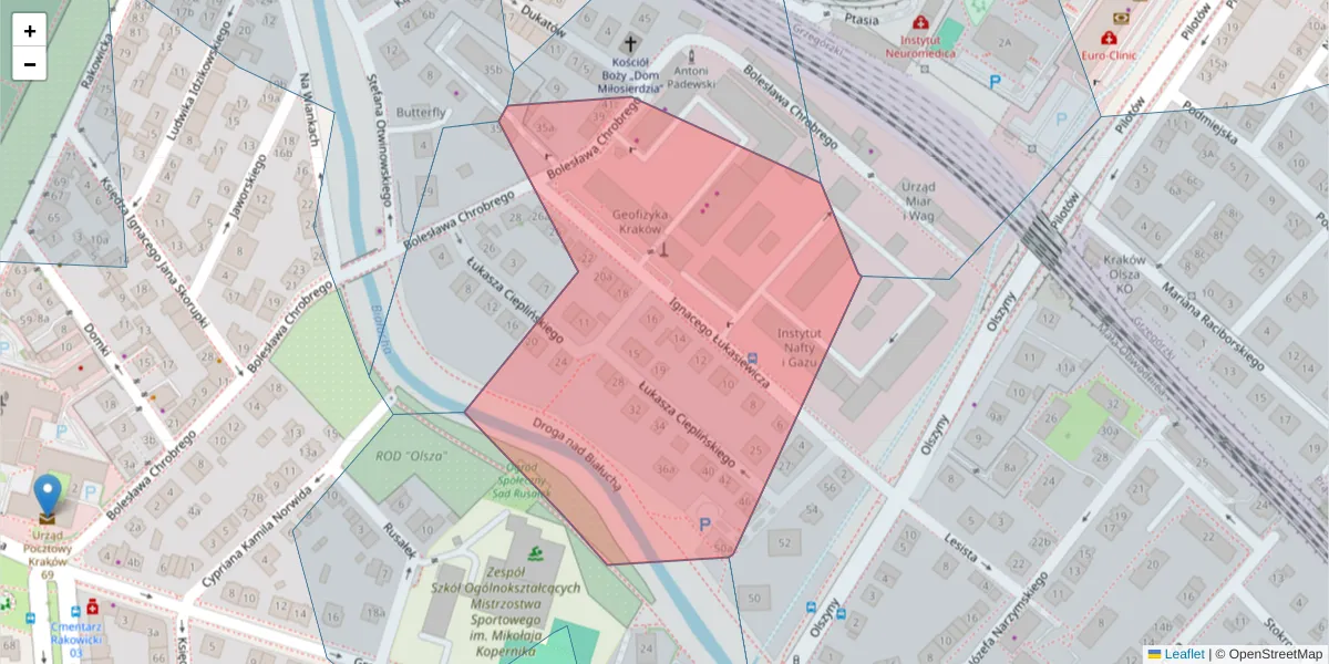 Szczegółowa mapa kodu pocztowego 31-429 z granicami, sąsiednimi kodami pocztowymi i urzędami pocztowymi