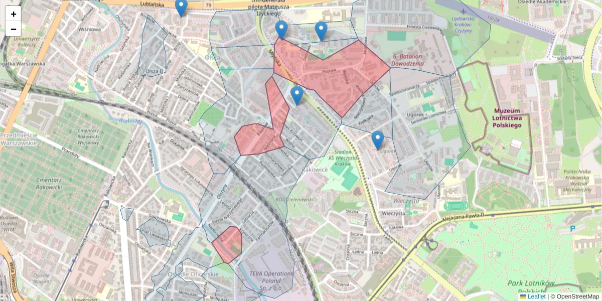 Szczegółowa mapa kodu pocztowego 31-462 z granicami, sąsiednimi kodami pocztowymi i urzędami pocztowymi