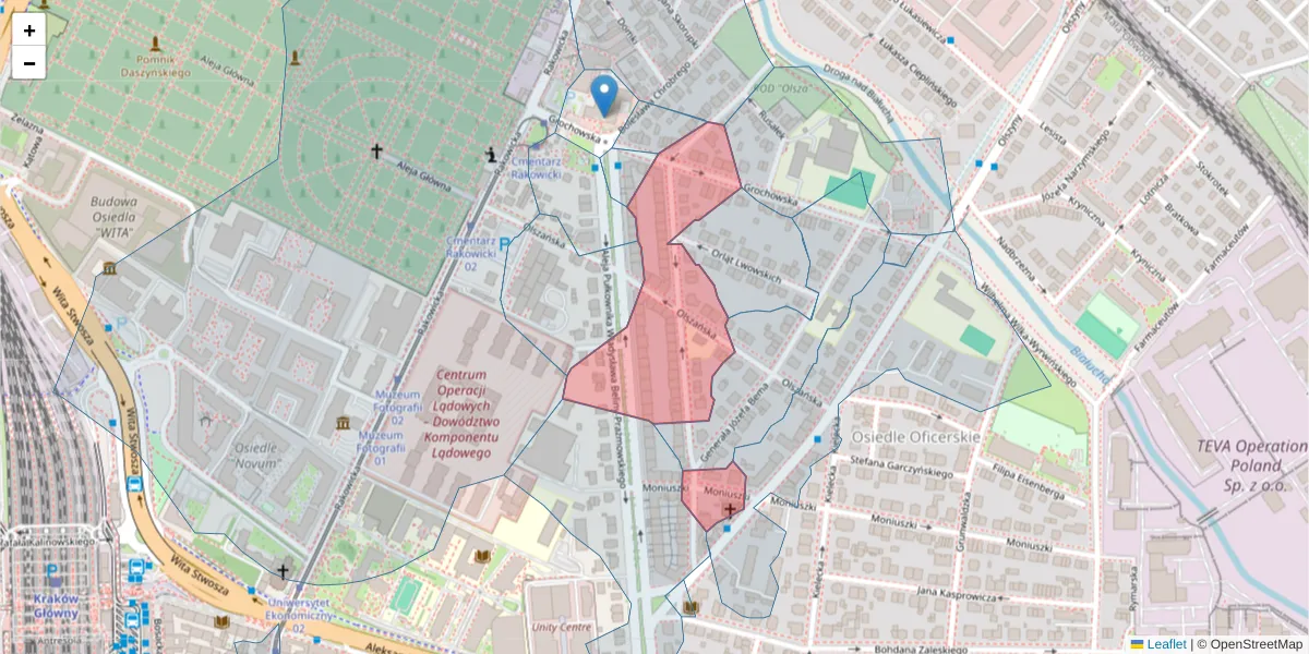 Szczegółowa mapa kodu pocztowego 31-515 z granicami, sąsiednimi kodami pocztowymi i urzędami pocztowymi