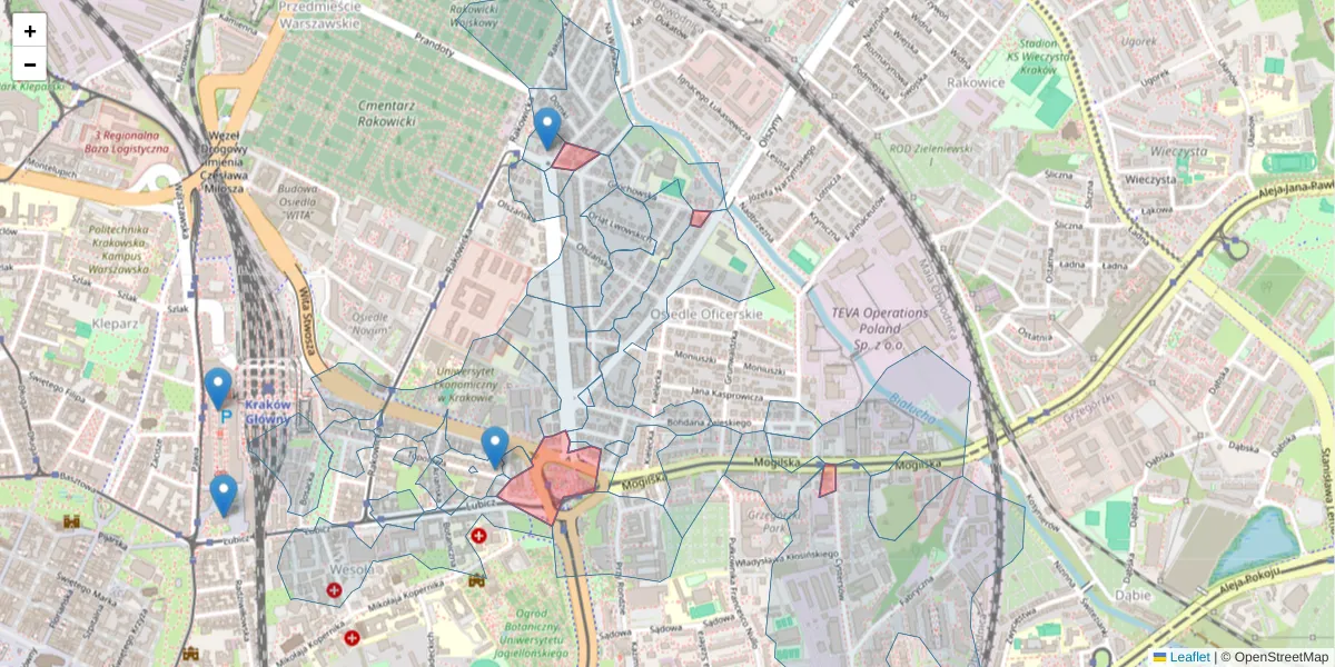 Szczegółowa mapa kodu pocztowego 31-516 z granicami, sąsiednimi kodami pocztowymi i urzędami pocztowymi