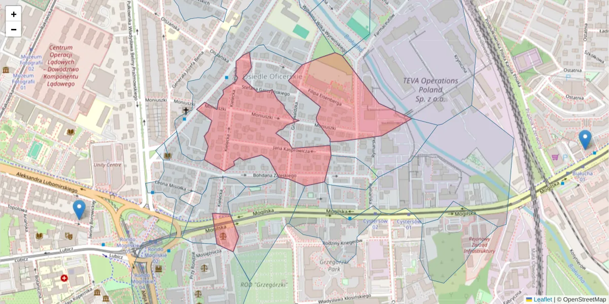 Szczegółowa mapa kodu pocztowego 31-523 z granicami, sąsiednimi kodami pocztowymi i urzędami pocztowymi