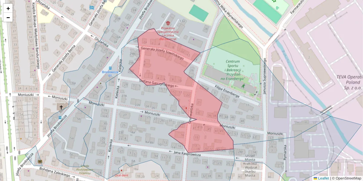 Szczegółowa mapa kodu pocztowego 31-524 z granicami, sąsiednimi kodami pocztowymi i urzędami pocztowymi