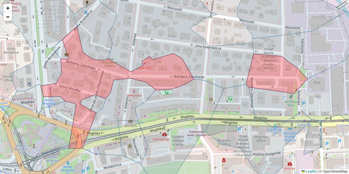 Szczegółowa mapa kodu pocztowego 31-525 z granicami, sąsiednimi kodami pocztowymi i urzędami pocztowymi