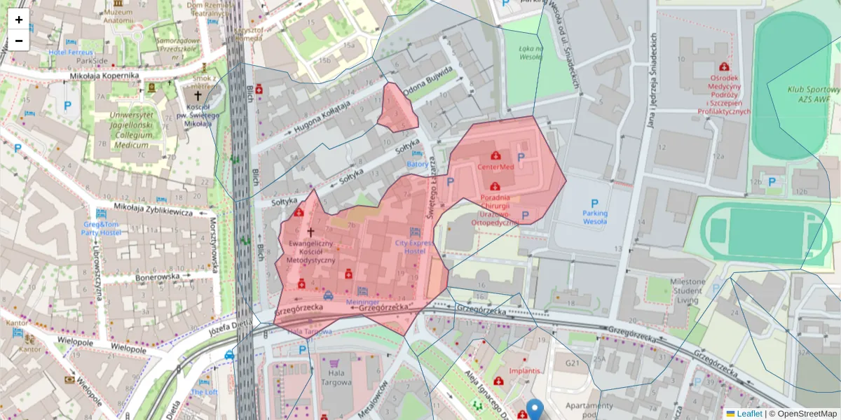Szczegółowa mapa kodu pocztowego 31-530 z granicami, sąsiednimi kodami pocztowymi i urzędami pocztowymi