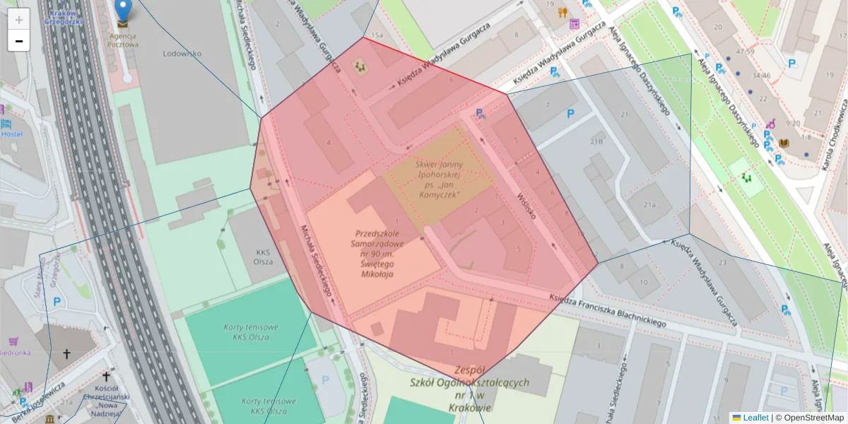 Szczegółowa mapa kodu pocztowego 31-538 z granicami, sąsiednimi kodami pocztowymi i urzędami pocztowymi