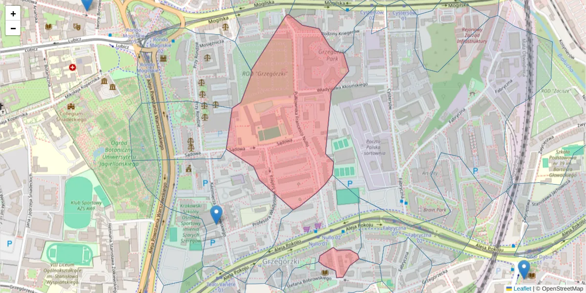 Szczegółowa mapa kodu pocztowego 31-543 z granicami, sąsiednimi kodami pocztowymi i urzędami pocztowymi