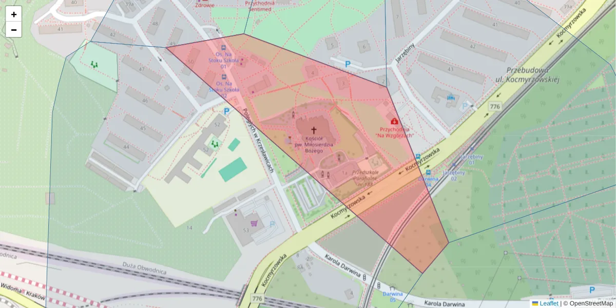 Szczegółowa mapa kodu pocztowego 31-721 z granicami, sąsiednimi kodami pocztowymi i urzędami pocztowymi