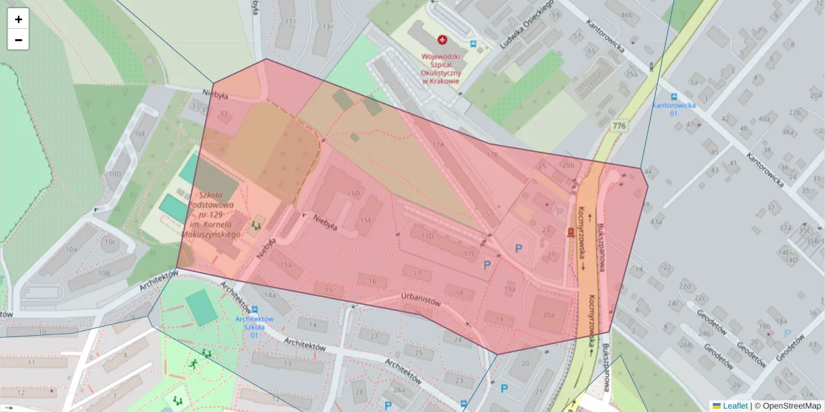 Szczegółowa mapa kodu pocztowego 31-723 z granicami, sąsiednimi kodami pocztowymi i urzędami pocztowymi