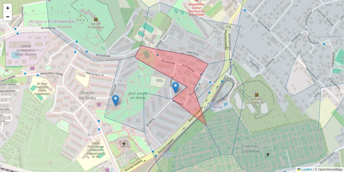 Szczegółowa mapa kodu pocztowego 31-725 z granicami, sąsiednimi kodami pocztowymi i urzędami pocztowymi