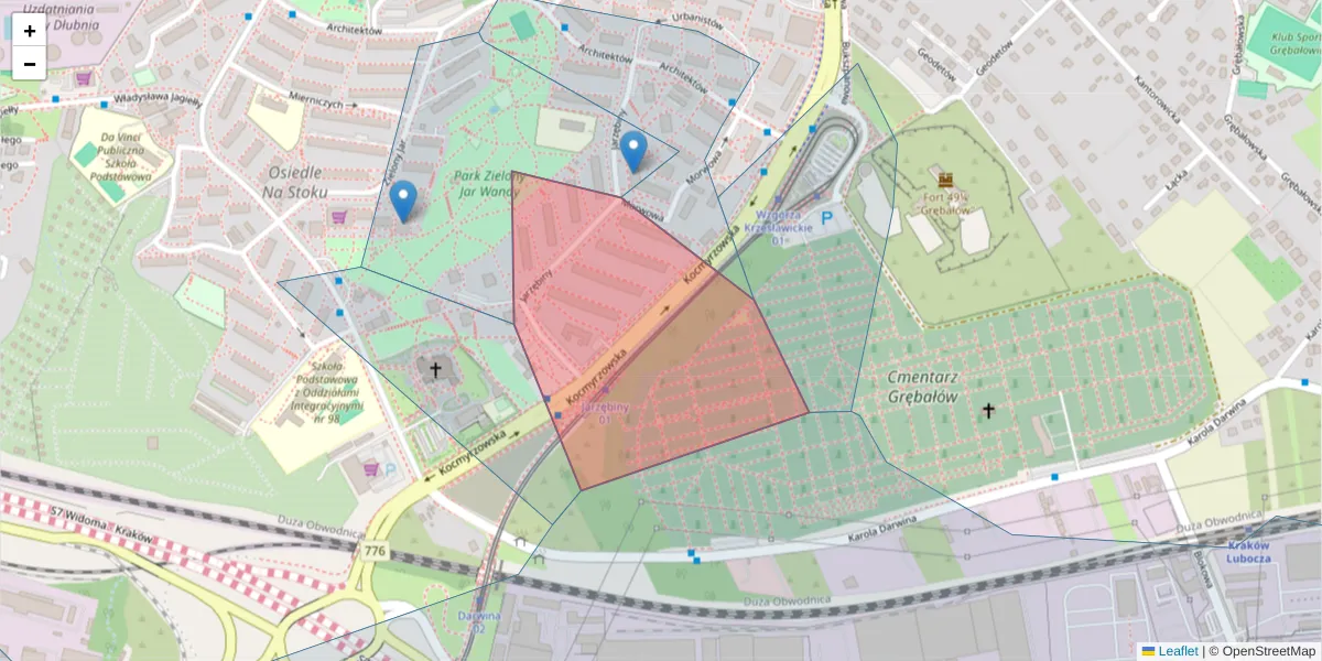 Szczegółowa mapa kodu pocztowego 31-727 z granicami, sąsiednimi kodami pocztowymi i urzędami pocztowymi