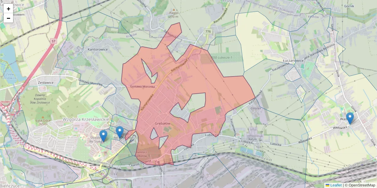 Szczegółowa mapa kodu pocztowego 31-764 z granicami, sąsiednimi kodami pocztowymi i urzędami pocztowymi