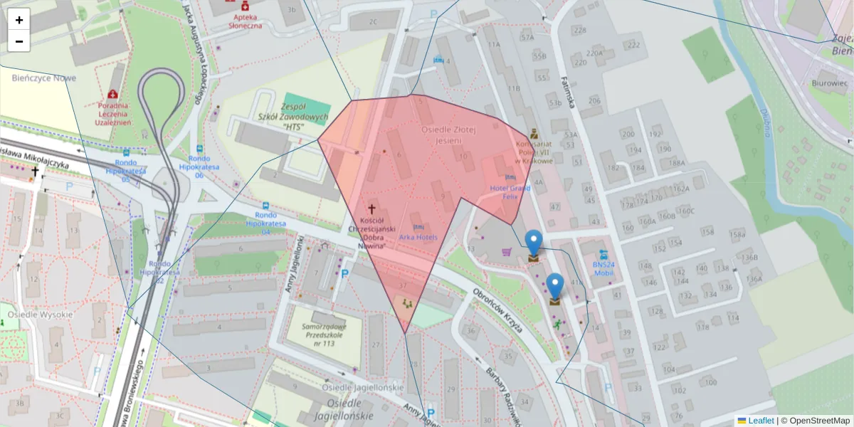 Szczegółowa mapa kodu pocztowego 31-827 z granicami, sąsiednimi kodami pocztowymi i urzędami pocztowymi