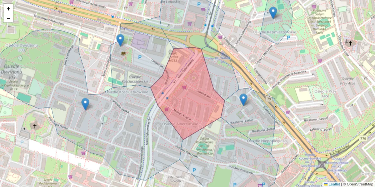 Szczegółowa mapa kodu pocztowego 31-853 z granicami, sąsiednimi kodami pocztowymi i urzędami pocztowymi