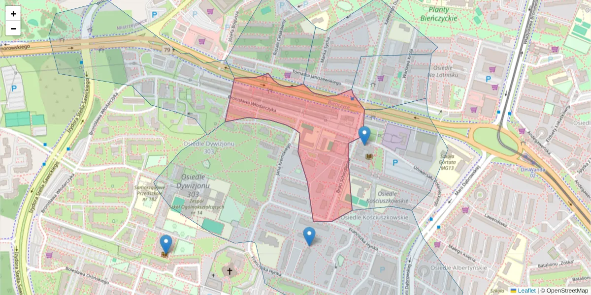 Szczegółowa mapa kodu pocztowego 31-874 z granicami, sąsiednimi kodami pocztowymi i urzędami pocztowymi