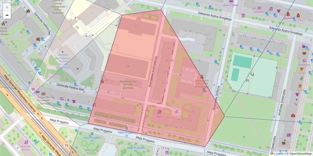 Szczegółowa mapa kodu pocztowego 31-950 z granicami, sąsiednimi kodami pocztowymi i urzędami pocztowymi