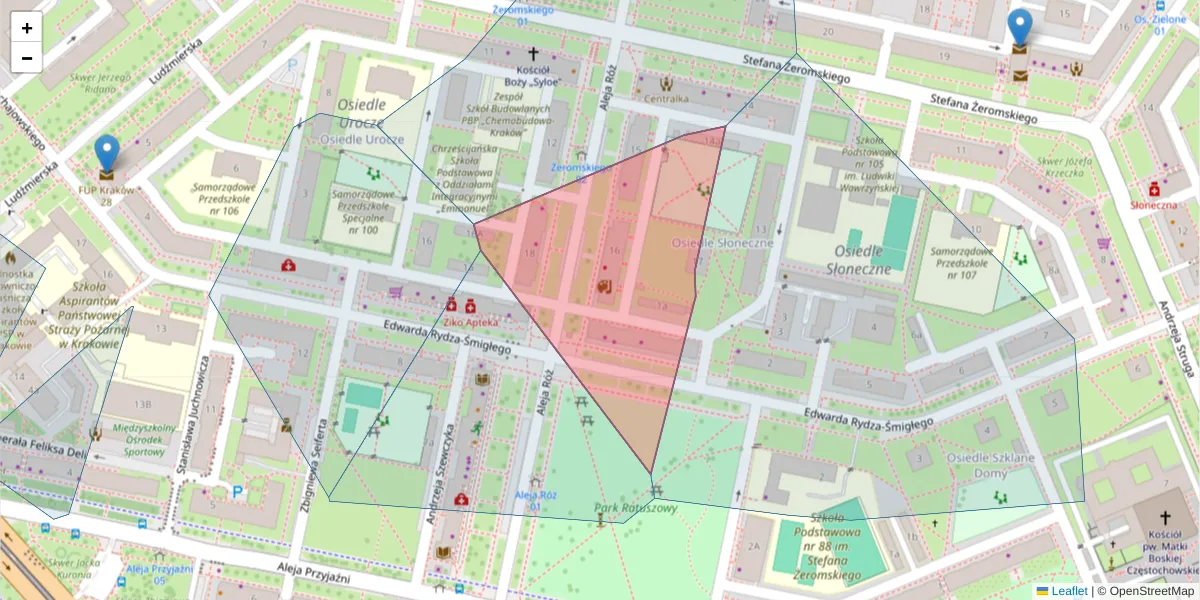 Szczegółowa mapa kodu pocztowego 31-958 z granicami, sąsiednimi kodami pocztowymi i urzędami pocztowymi