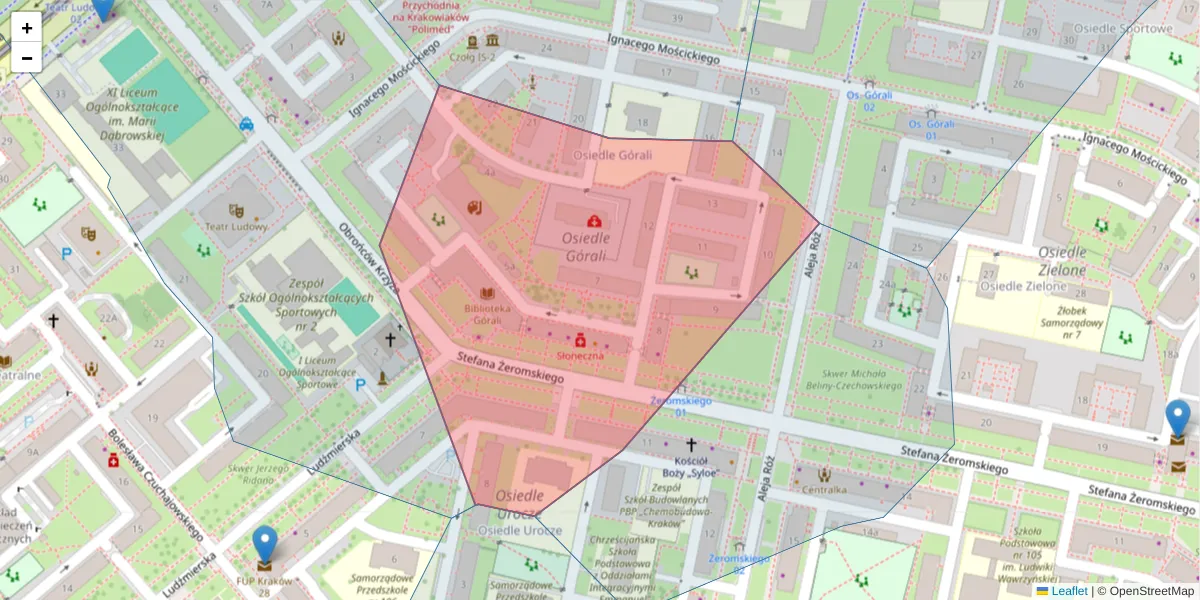 Szczegółowa mapa kodu pocztowego 31-959 z granicami, sąsiednimi kodami pocztowymi i urzędami pocztowymi