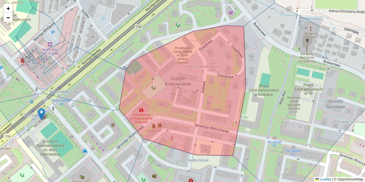 Szczegółowa mapa kodu pocztowego 31-964 z granicami, sąsiednimi kodami pocztowymi i urzędami pocztowymi