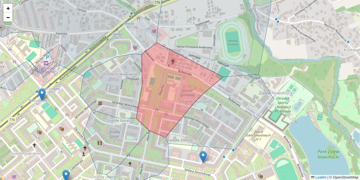 Szczegółowa mapa kodu pocztowego 31-966 z granicami, sąsiednimi kodami pocztowymi i urzędami pocztowymi