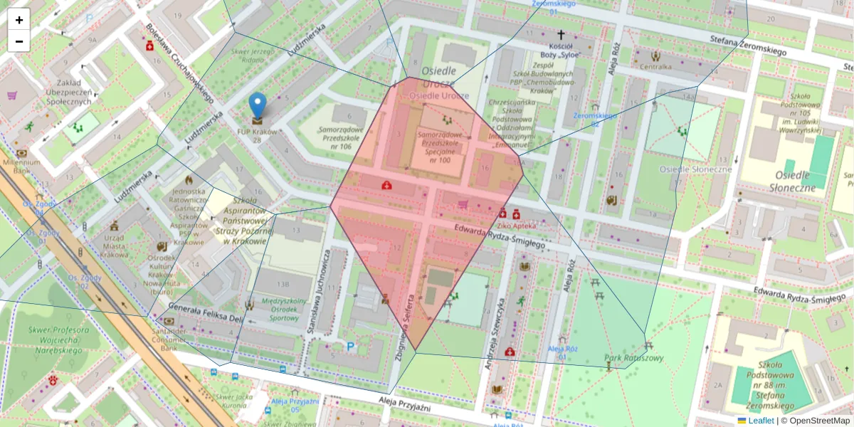 Szczegółowa mapa kodu pocztowego 31-976 z granicami, sąsiednimi kodami pocztowymi i urzędami pocztowymi