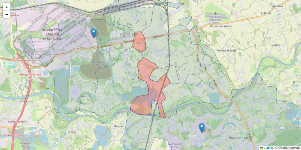 Szczegółowa mapa kodu pocztowego 31-989 z granicami, sąsiednimi kodami pocztowymi i urzędami pocztowymi