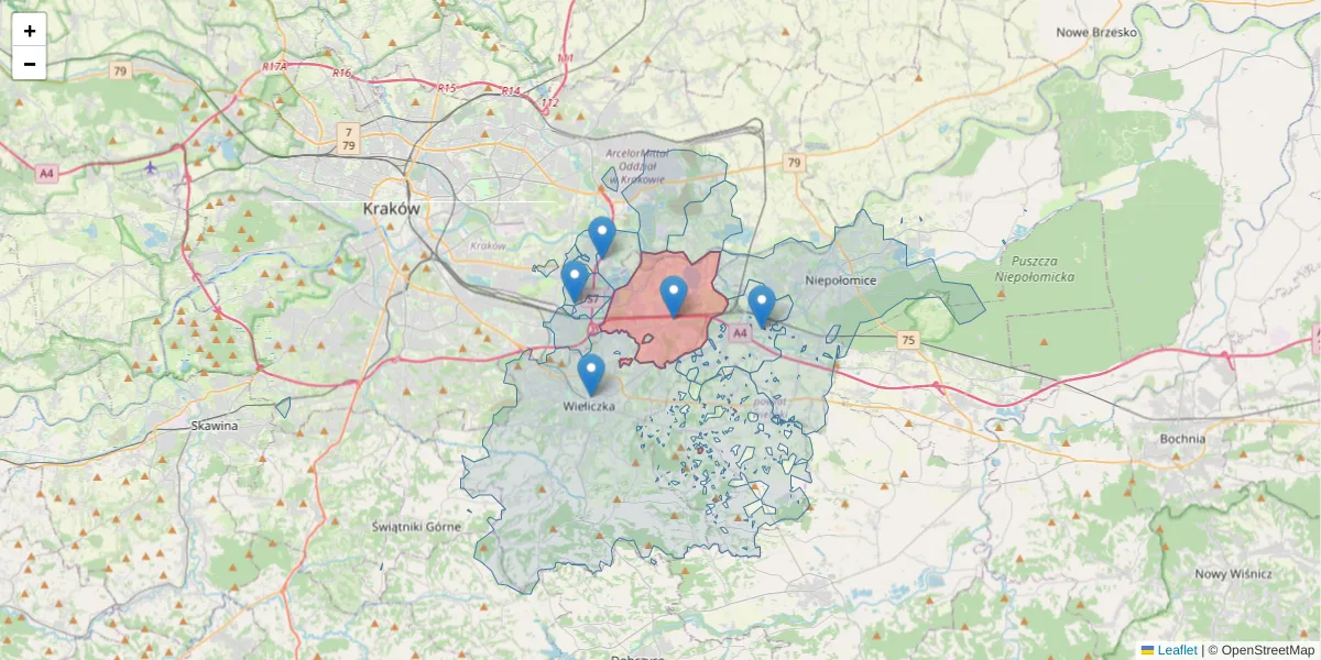 Szczegółowa mapa kodu pocztowego 32-002 z granicami, sąsiednimi kodami pocztowymi i urzędami pocztowymi