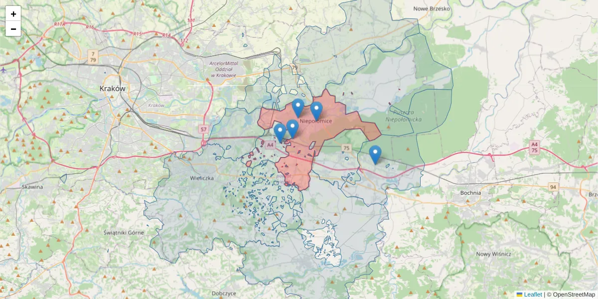 Szczegółowa mapa kodu pocztowego 32-005 z granicami, sąsiednimi kodami pocztowymi i urzędami pocztowymi