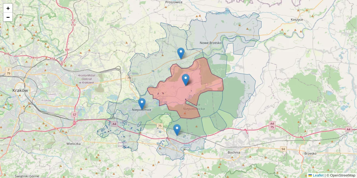 Szczegółowa mapa kodu pocztowego 32-007 z granicami, sąsiednimi kodami pocztowymi i urzędami pocztowymi