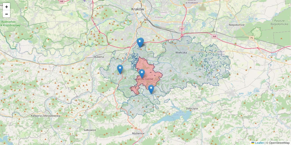 Szczegółowa mapa kodu pocztowego 32-040 z granicami, sąsiednimi kodami pocztowymi i urzędami pocztowymi