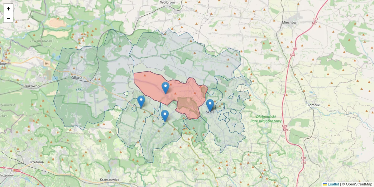 Szczegółowa mapa kodu pocztowego 32-045 z granicami, sąsiednimi kodami pocztowymi i urzędami pocztowymi