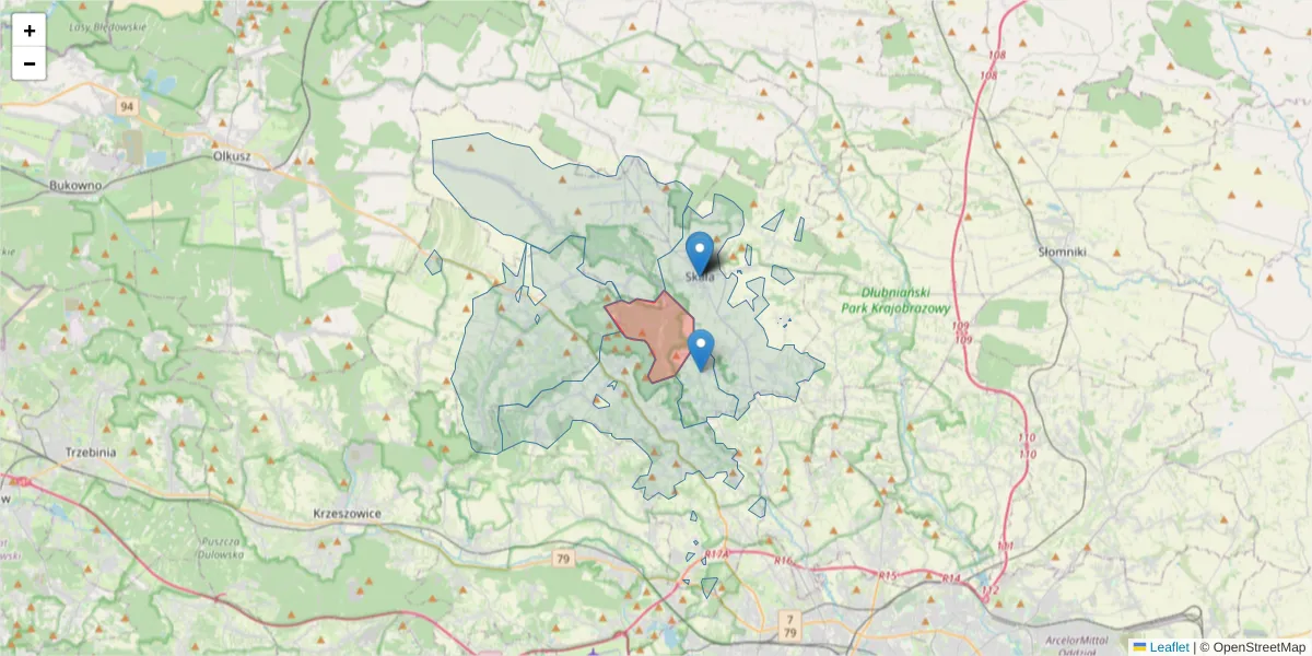 Szczegółowa mapa kodu pocztowego 32-047 z granicami, sąsiednimi kodami pocztowymi i urzędami pocztowymi