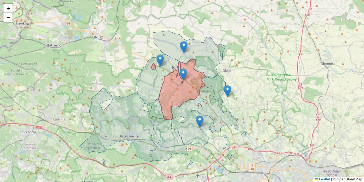 Szczegółowa mapa kodu pocztowego 32-048 z granicami, sąsiednimi kodami pocztowymi i urzędami pocztowymi