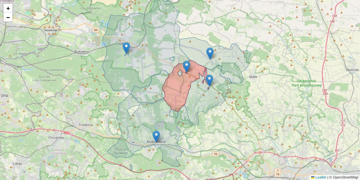 Szczegółowa mapa kodu pocztowego 32-049 z granicami, sąsiednimi kodami pocztowymi i urzędami pocztowymi