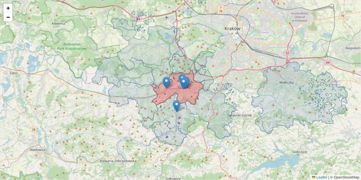 Szczegółowa mapa kodu pocztowego 32-050 z granicami, sąsiednimi kodami pocztowymi i urzędami pocztowymi