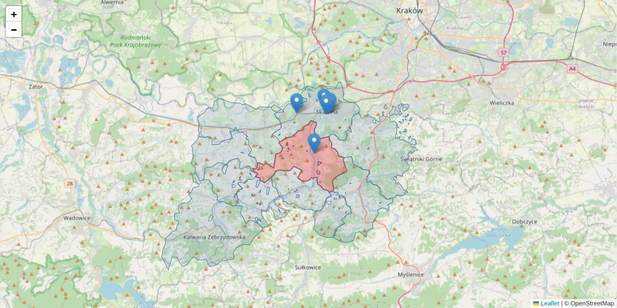Szczegółowa mapa kodu pocztowego 32-052 z granicami, sąsiednimi kodami pocztowymi i urzędami pocztowymi