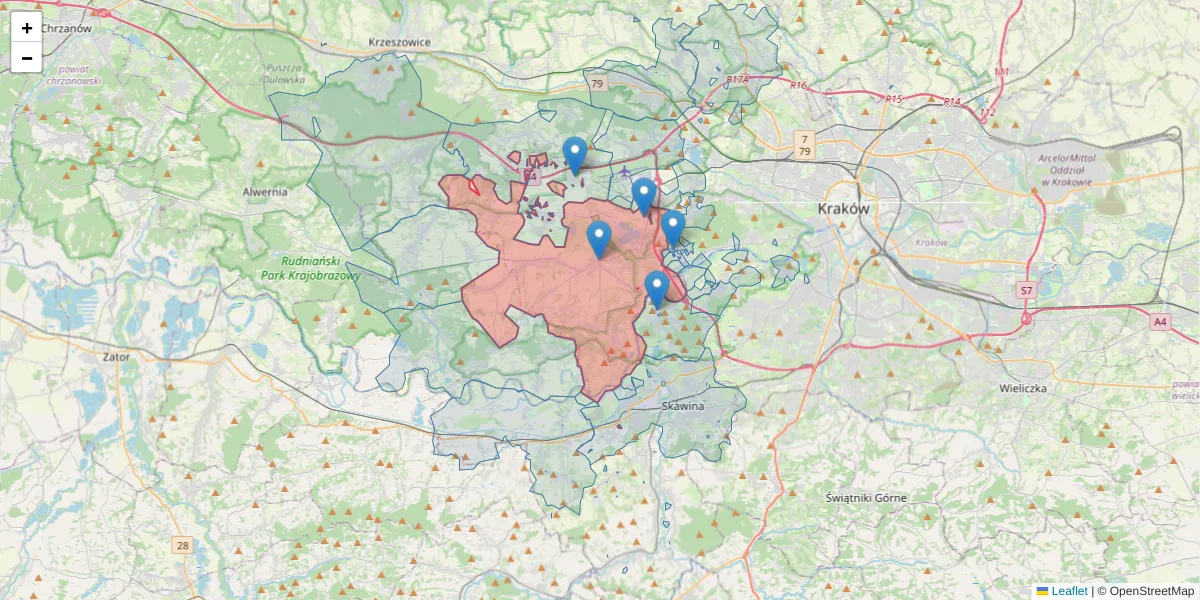 Szczegółowa mapa kodu pocztowego 32-060 z granicami, sąsiednimi kodami pocztowymi i urzędami pocztowymi